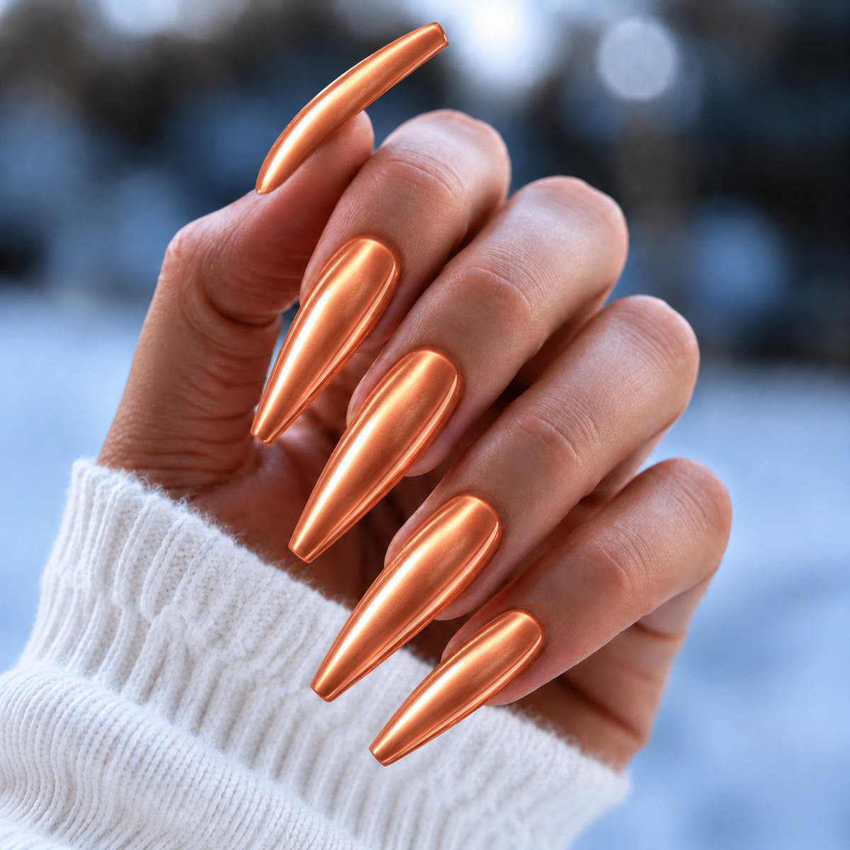 BEMI Chrome Neo Orange nails in a color photo.