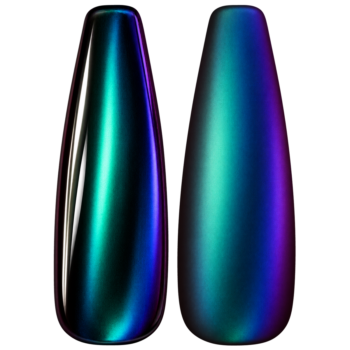 Glossy and matte Deep peacock green with blue and violet shifts nail swatches for BEMI Chrome Oil Slick.