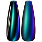 Glossy and matte Deep peacock green with blue and violet shifts nail swatches for BEMI Chrome Oil Slick.