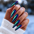 BEMI Oil Slick Chrome shown on long coffin nails