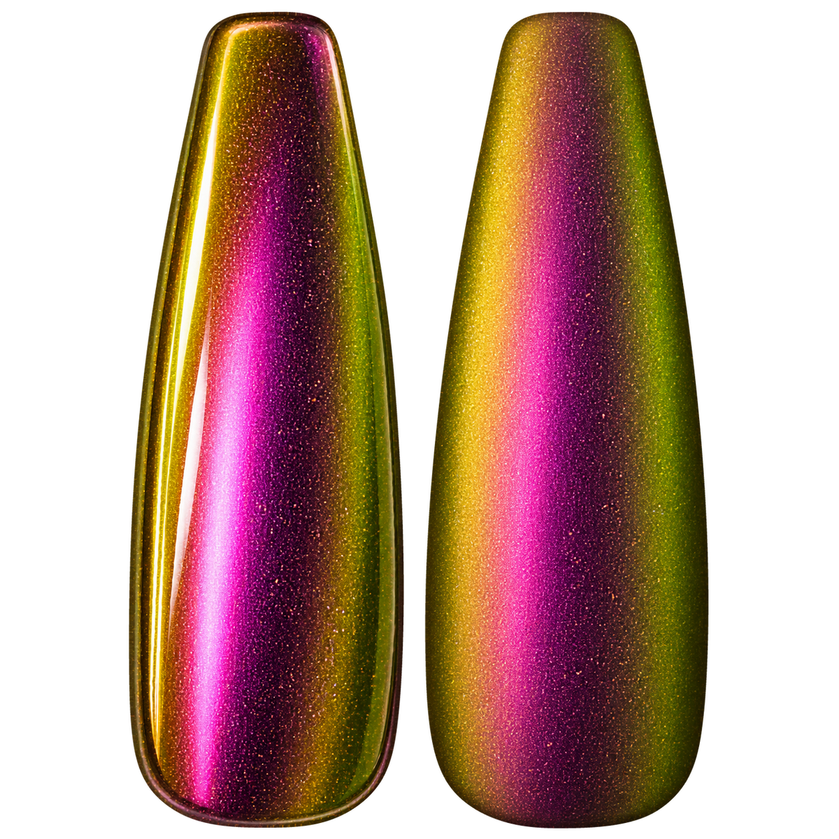 Glossy and matte Olive green with gold and red shifts nail swatches for BEMI Chrome Prism.