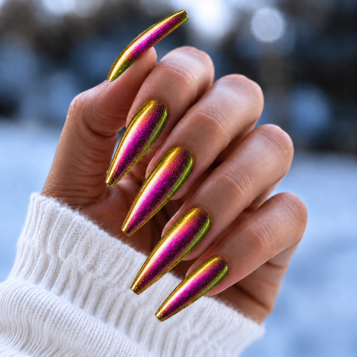 BEMI Prism Chrome shown on long coffin nails