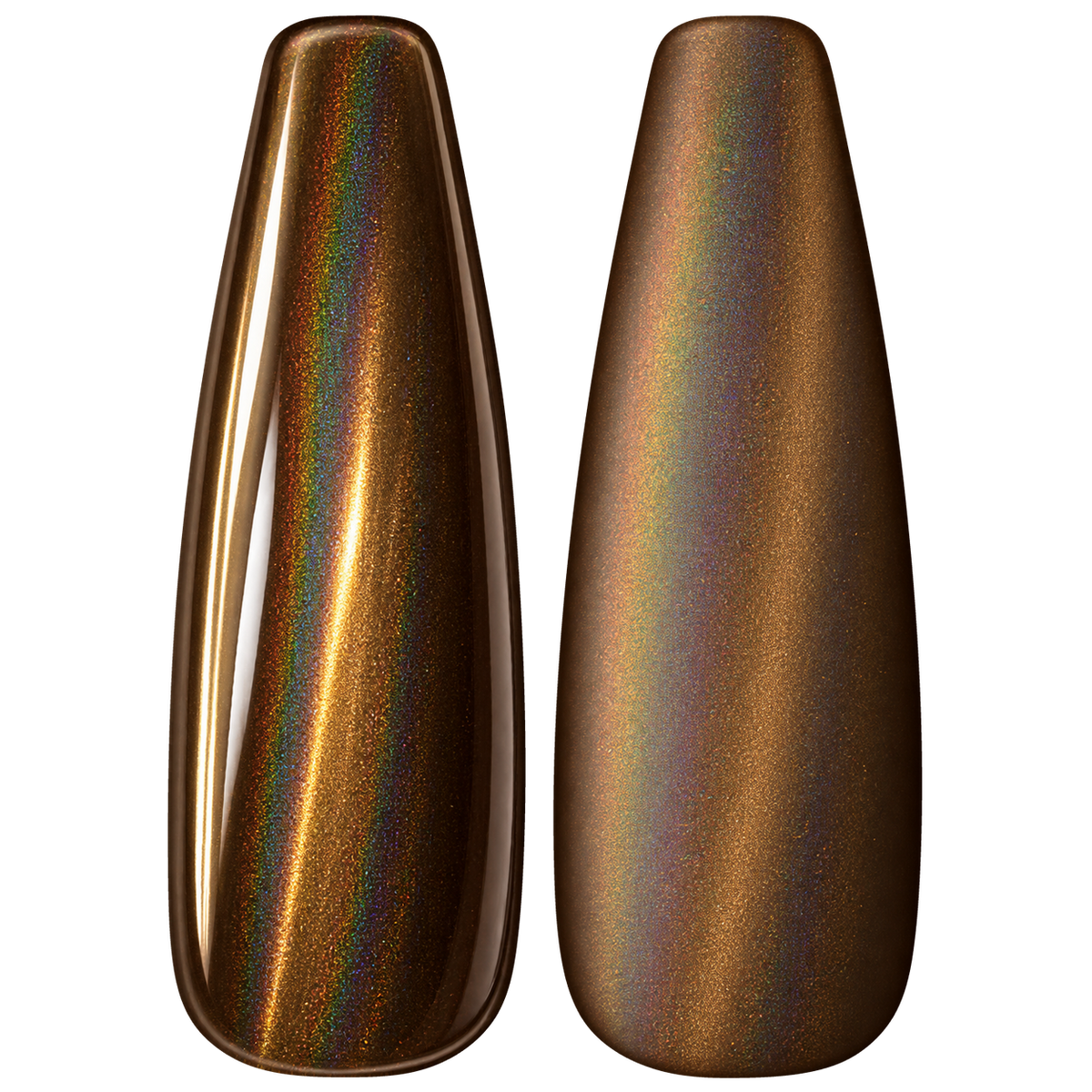 Glossy and matte Deep bronze brown with fine sparkle nail swatches for BEMI Chrome Rose Gold Holo.