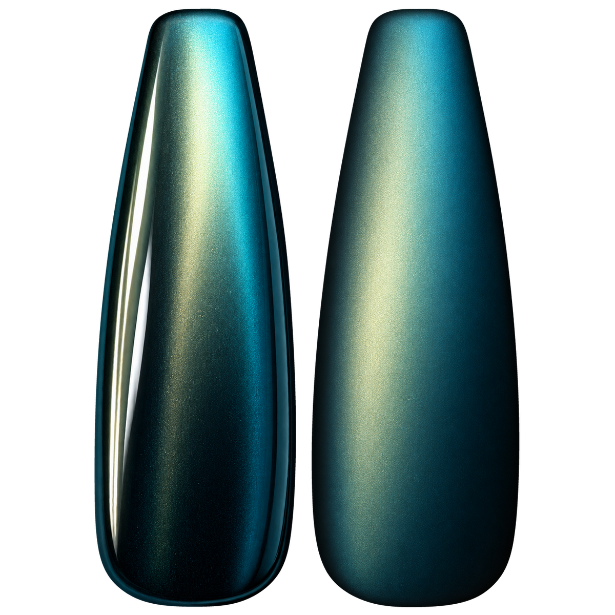 Glossy and matte Deep blue with a green-gold shift nail swatches for BEMI Chrome Supernova.