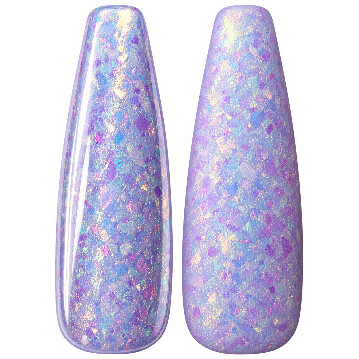 Glossy and matte Pale lilac with iridescent flakes nail swatches for BEMI Chrome Unicorn Flakes.