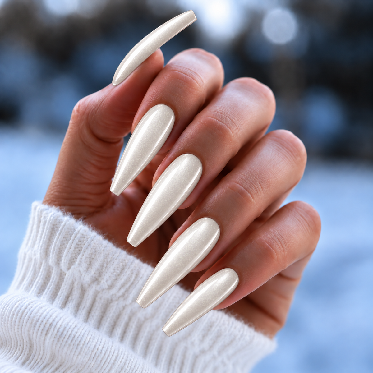 BEMI Chrome White Pearl nails in a color photo.