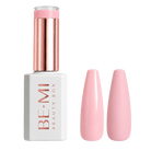 BEMI Beauty Box Bare With Me sheer peach-nude Creami gel polish bottle with matching nail swatches.