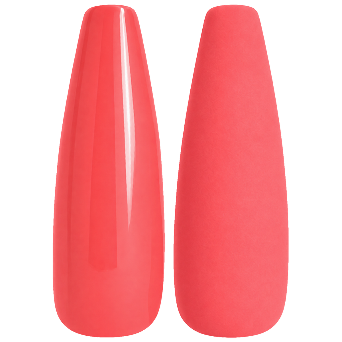 Glossy and matte bright coral red nail swatches for BEMI Creami Flare O04.