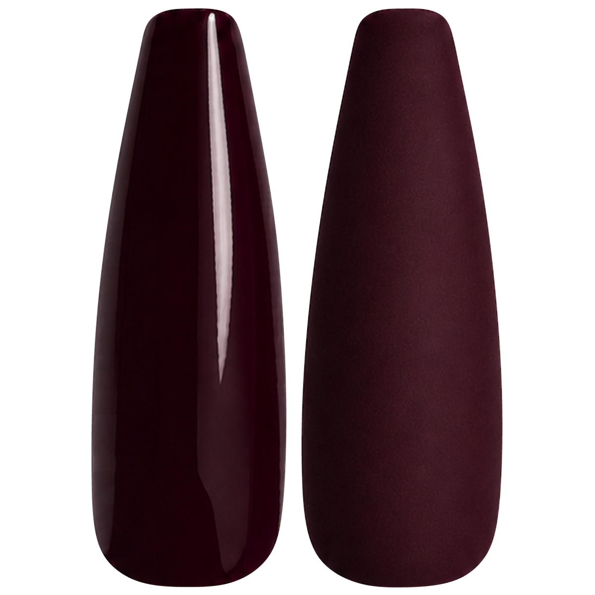 Glossy and matte blackened cherry wine nail swatches for BEMI Creami Forbidden R06.