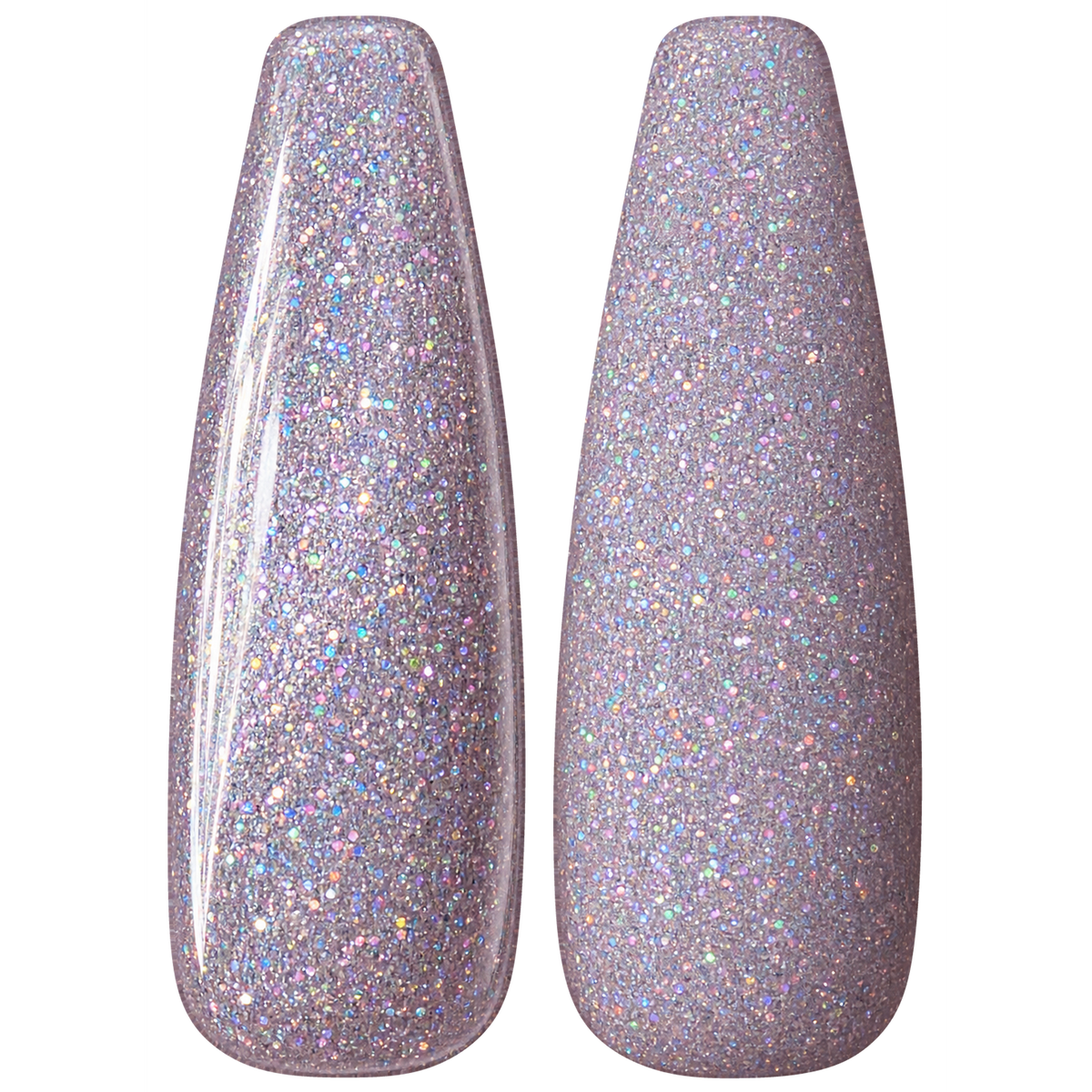 Glossy and matte Lilac holographic sparkle nail swatches for BEMI Glitter Crush.