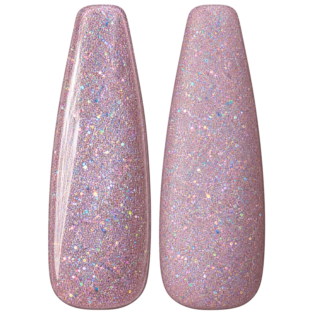 Glossy and matte Soft pink holographic sparkle nail swatches for BEMI Glitter Flirt.