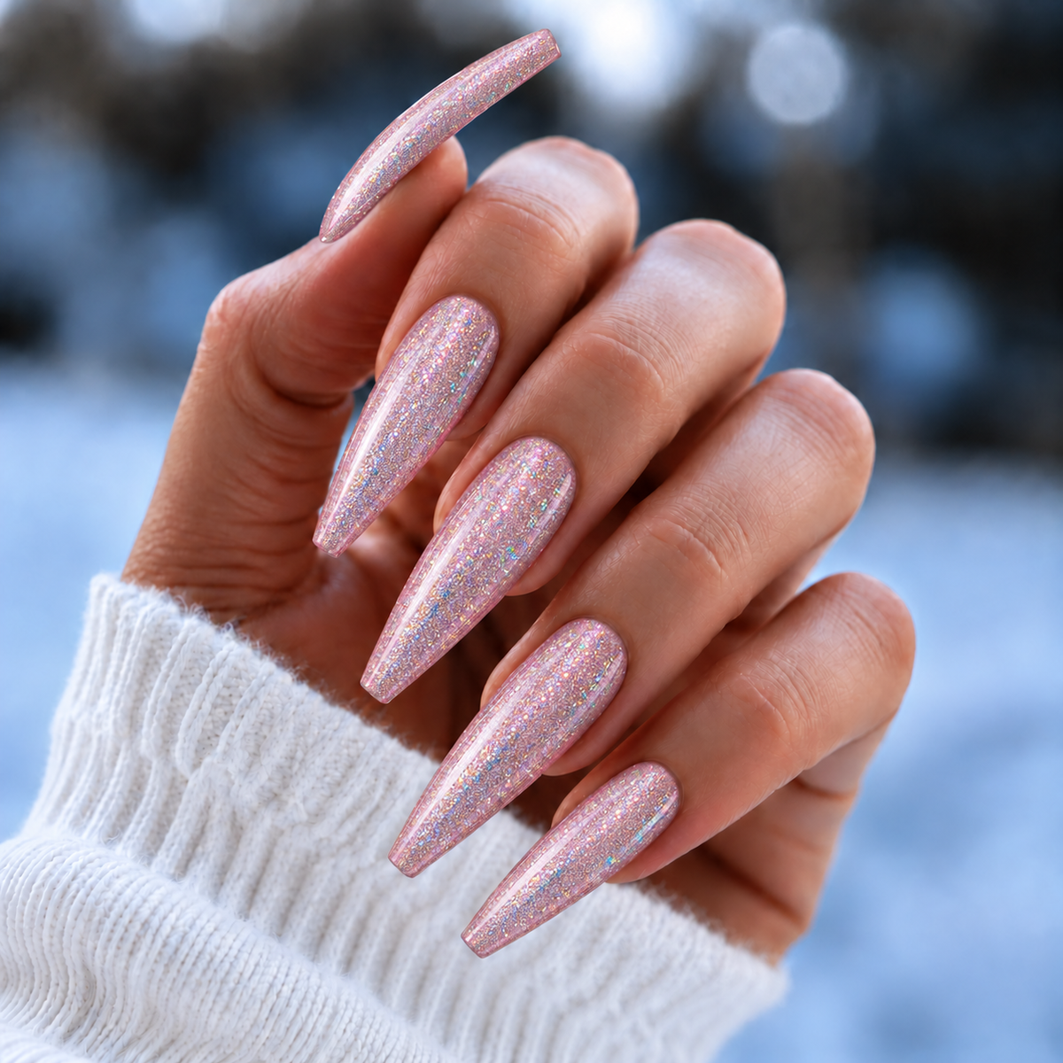 BEMI Glitter Flirt nails in a color photo.