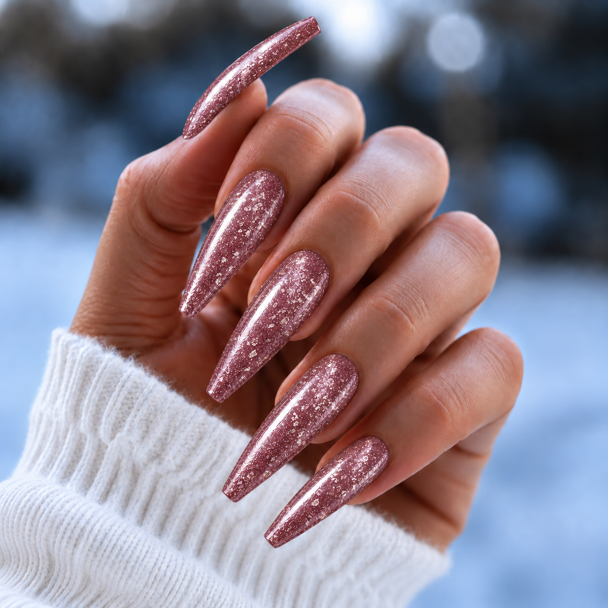 BEMI Metal Leaf Aura nails in a color photo.