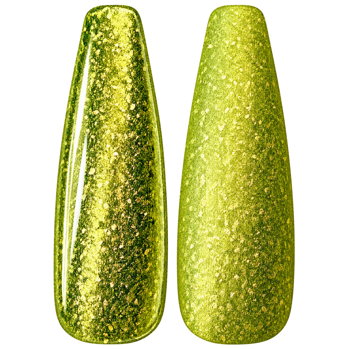 Glossy and matte Bright chartreuse green nail swatches for BEMI Metal Leaf Electric.