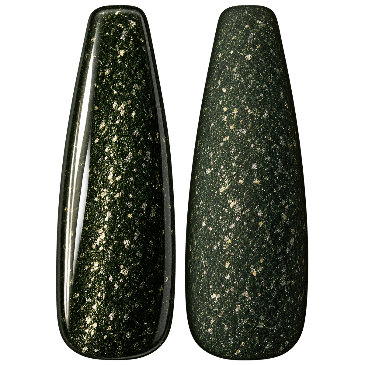Glossy and matte Deep forest green nail swatches for BEMI Metal Leaf Evergreen.