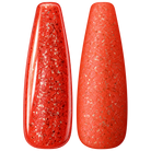 Glossy and matte Red-orange coral nail swatches for BEMI Metal Leaf Flamingo.