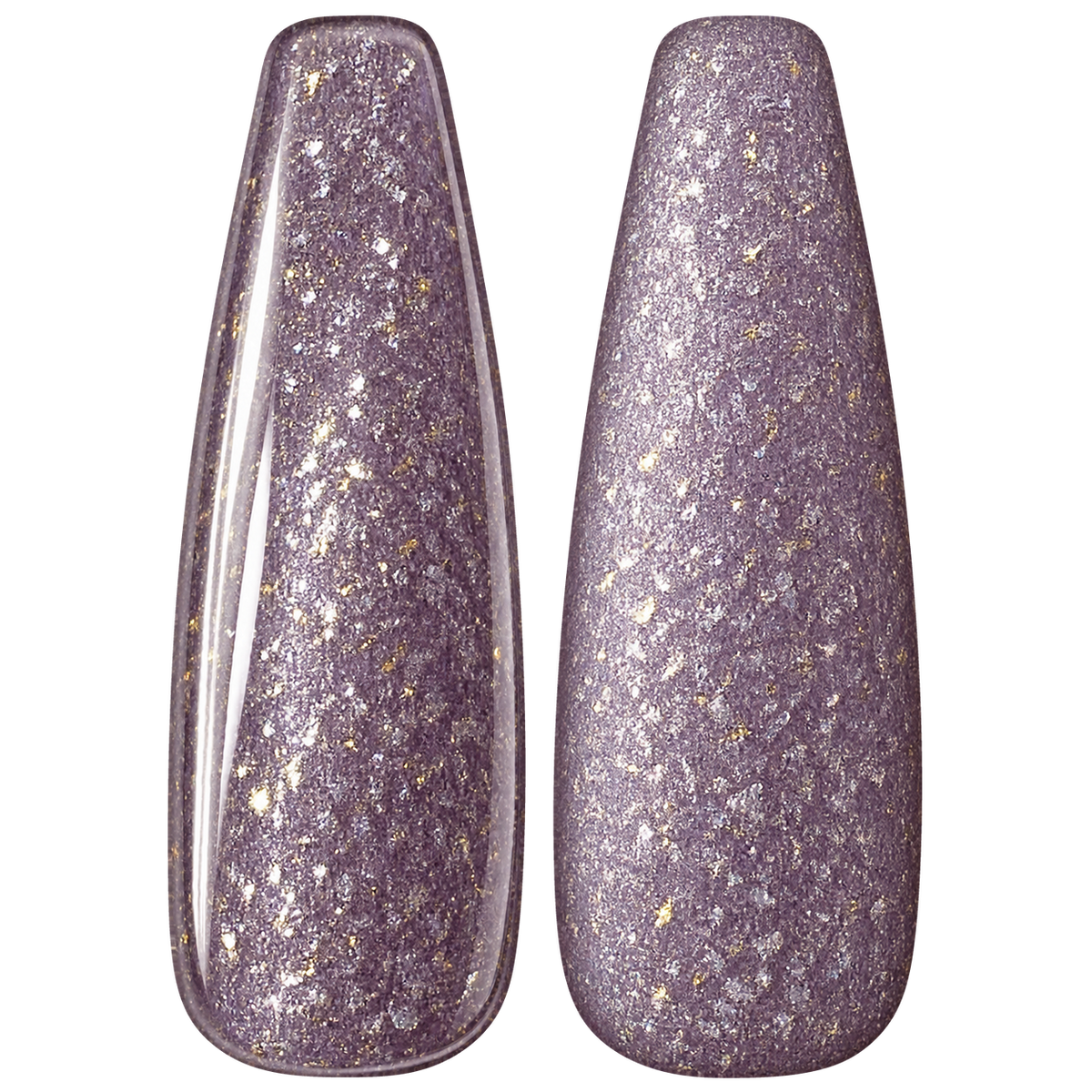 Glossy and matte Soft lilac purple nail swatches for BEMI Metal Leaf Lilac.