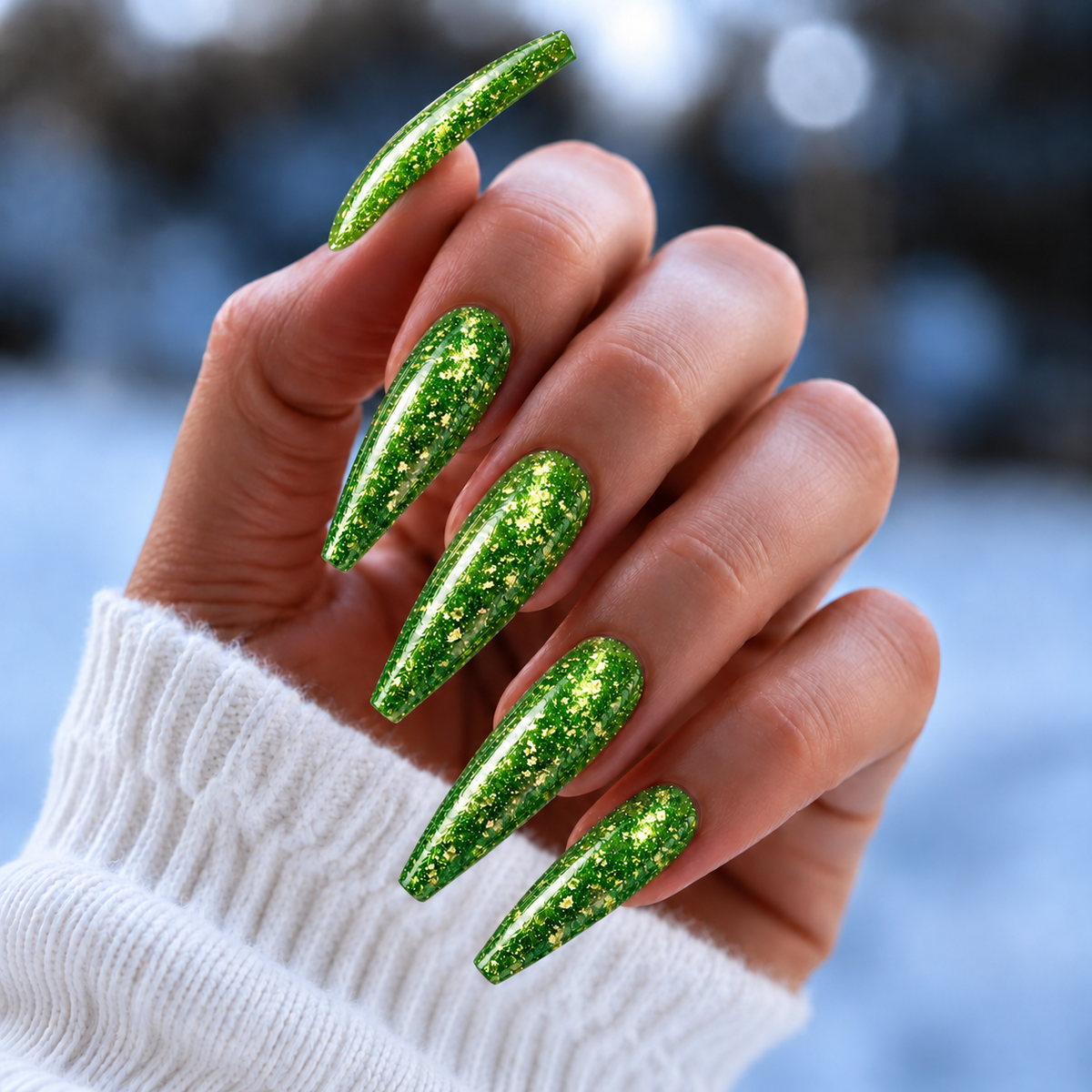BEMI Metal Leaf Limelight nails in a color photo.