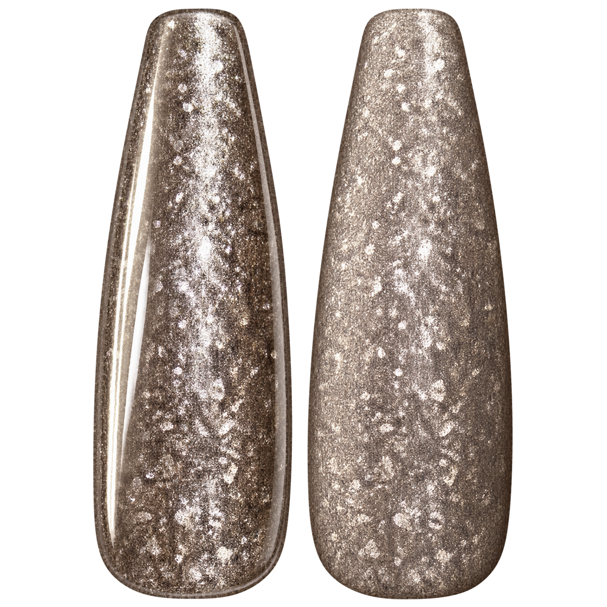 Glossy and matte Warm greige taupe nail swatches for BEMI Metal Leaf Moonbeam.