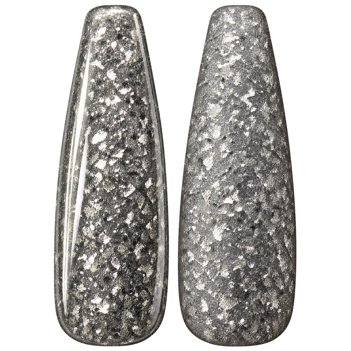 Glossy and matte Cool silver gray nail swatches for BEMI Metal Leaf Silver.