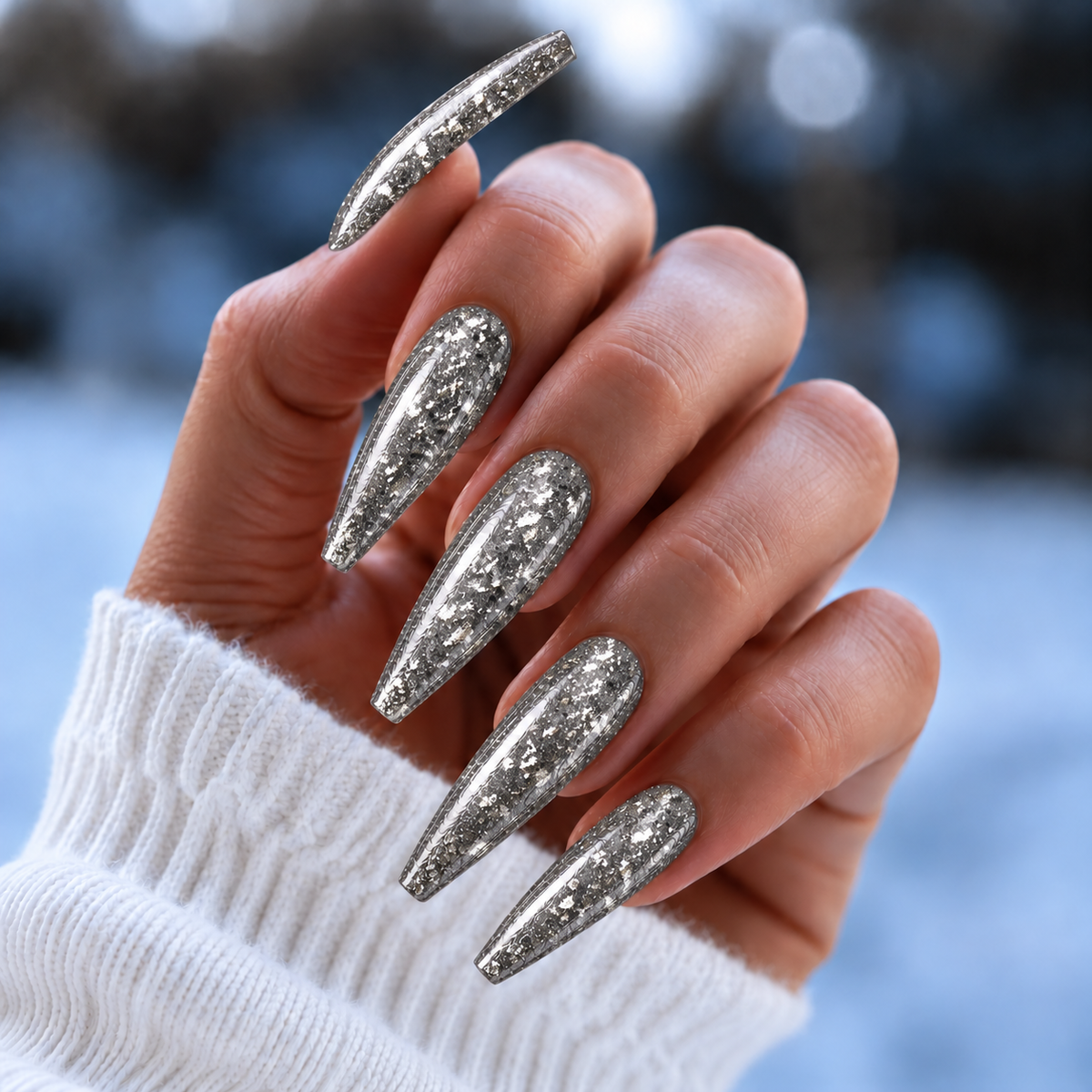 BEMI Metal Leaf Silver nails in a color photo.