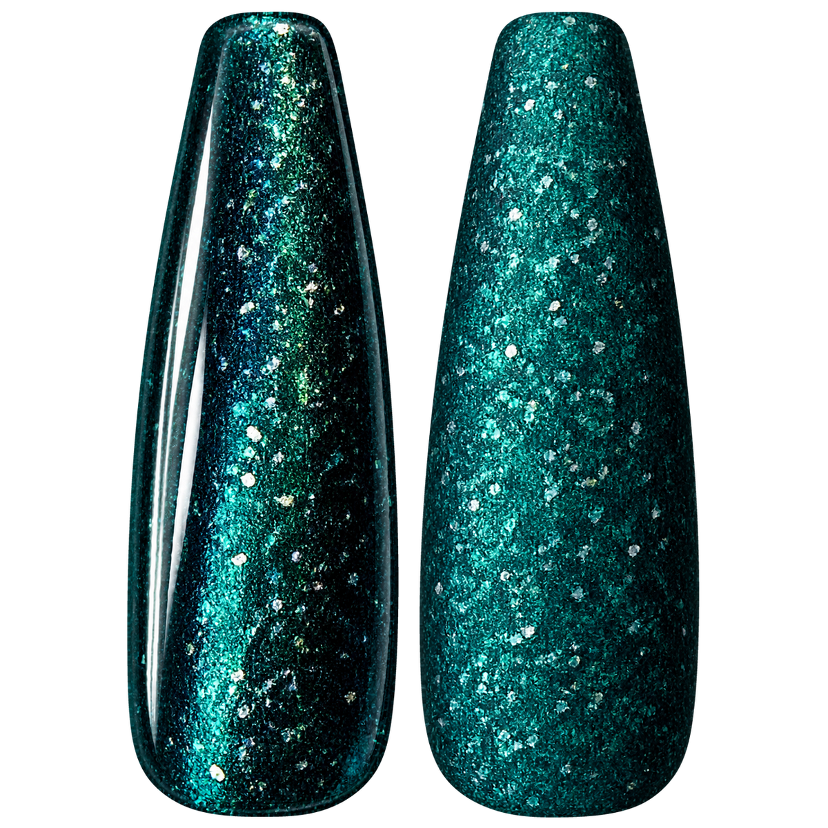 Glossy and matte Deep teal green nail swatches for BEMI Metal Leaf Techno.