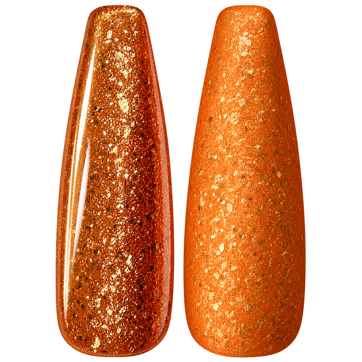 Glossy and matte Bright orange nail swatches for BEMI Metal Leaf Zest.