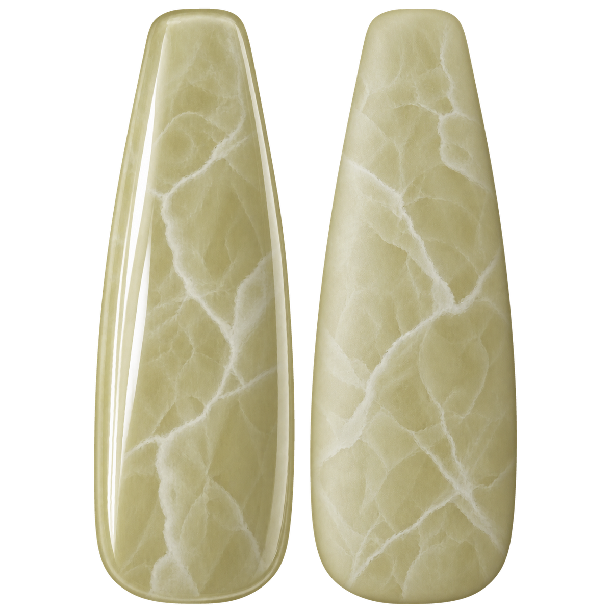 Glossy and matte Earthy milky green nail swatches for BEMI Quartz Matcha.