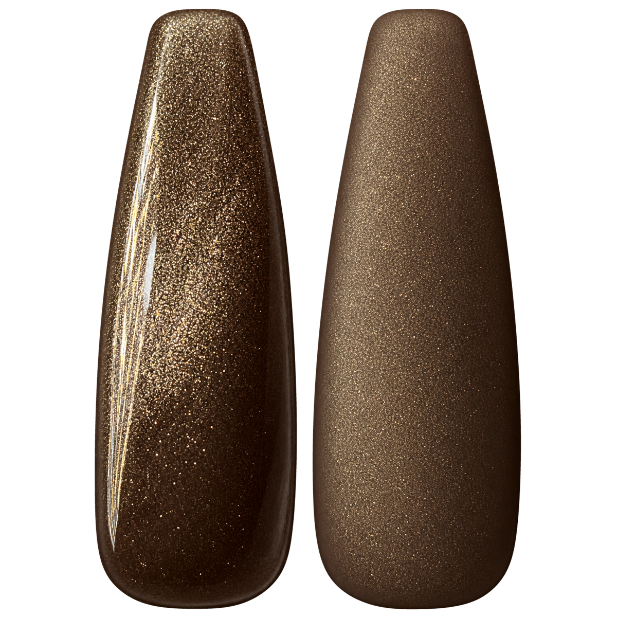 Glossy and matte Antique bronze gold with fine shimmer nail swatches for BEMI Shimmer Dusk.