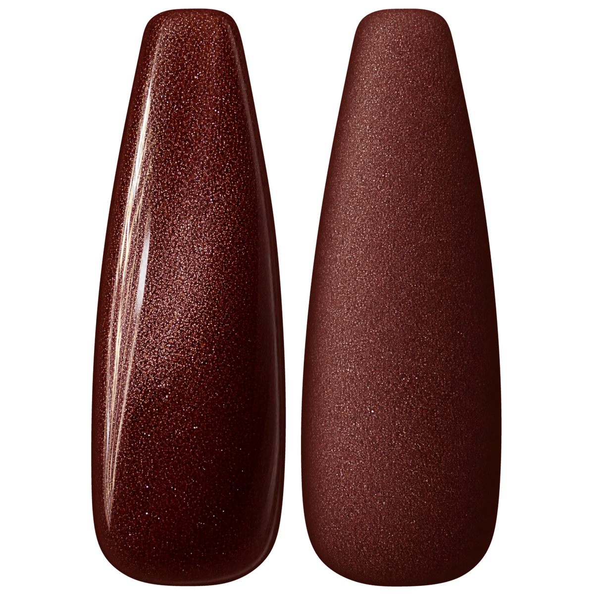 Glossy and matte Deep red brown with fine shimmer nail swatches for BEMI Shimmer Huntress.