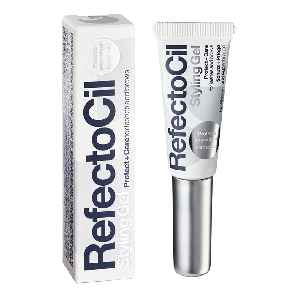 A tube and box of RefectoCil Styling Gel shown on a plain white background. The product packaging is white with dark blue text and a metallic silver cap on the tube.