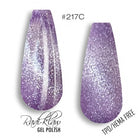Two nail polish swatches on a white background, labeled #217C, showing a lavender-purple glitter gel polish. One swatch has a vertical glitter streak, and the other is a flat swatch.