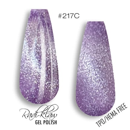 Two nail polish swatches on a white background, labeled #217C, showing a lavender-purple glitter gel polish. One swatch has a vertical glitter streak, and the other is a flat swatch.