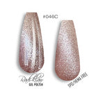 Two almond-shaped nail tips displaying a glittery nude-pink gel polish with silver shimmer, labeled #046C. The left tip shows the polish applied, while the right tip shows the bare glittery base.